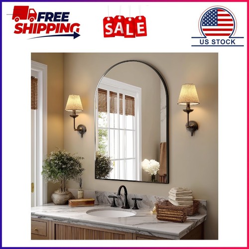 Large Arched Bathroom Mirror | Modern Matte Black Metal Frame Vanity Mirror
