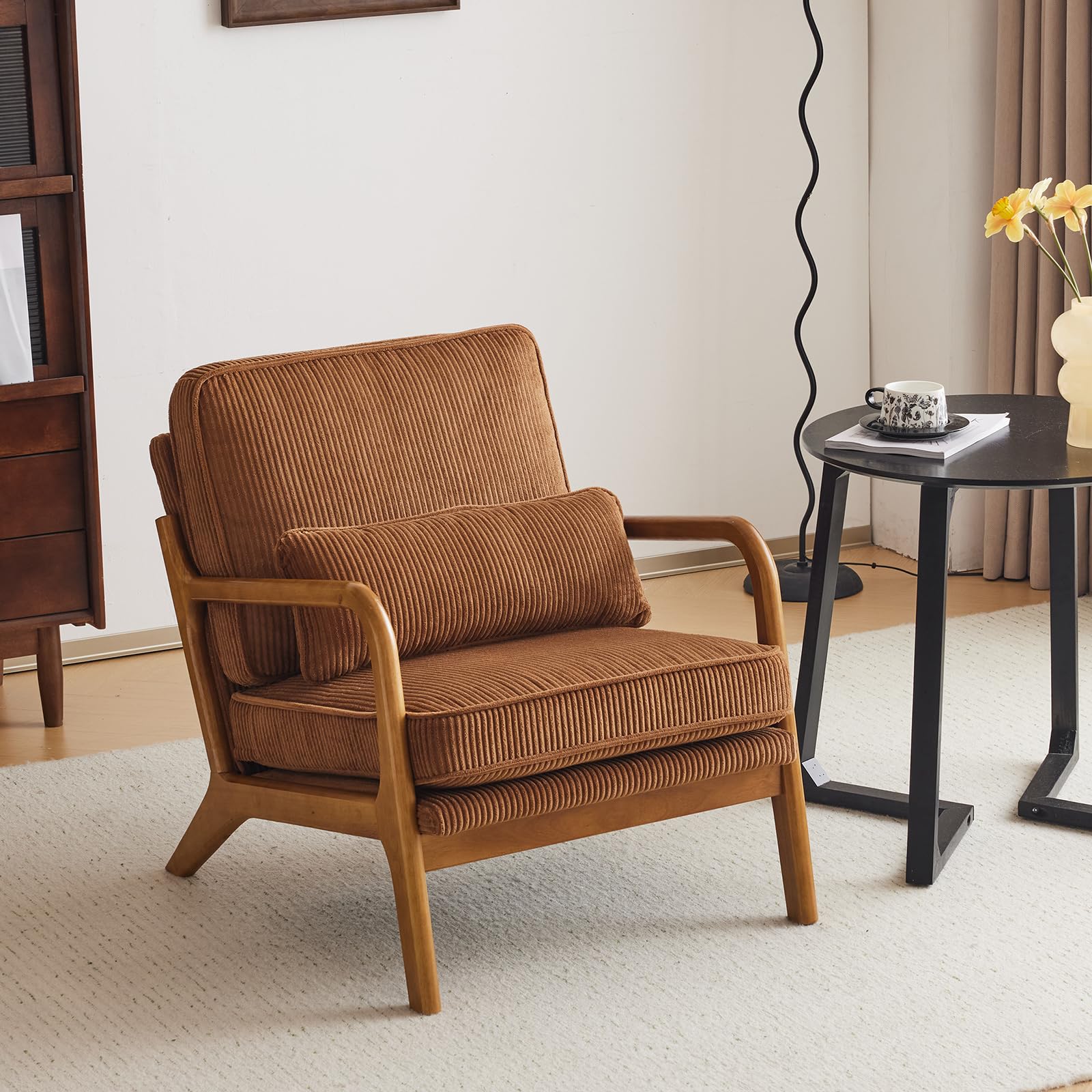 Mid-Century Modern Accent Chair – Corduroy Upholstered Lounge Chair with Curved Wood Arms, Includes Back Pillow,