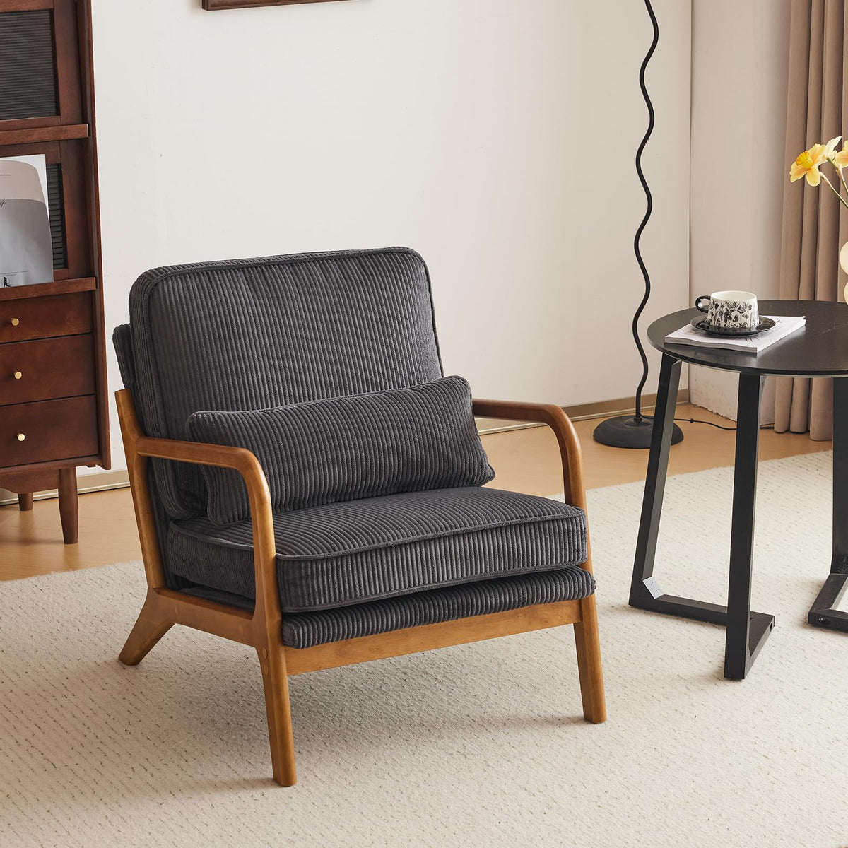 Mid-Century Modern Accent Chair – Corduroy Upholstered Lounge Chair with Curved Wood Arms, Includes Back Pillow,